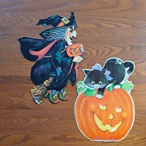 Vtg Halloween Die Cut Pumpkin Black Cat Witch Paper Decoration Eureka Hallmark